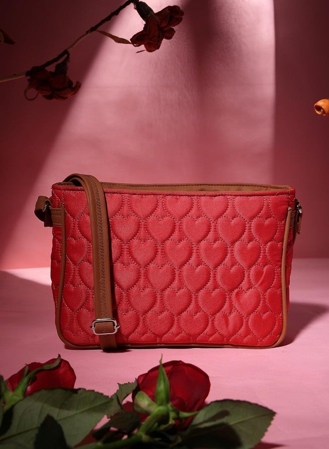 Anekaant Amour Valentine Red & Tan Polyester & Vegan Leather Heart Quilted Sling Bag - Image 3